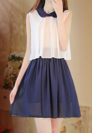 Contrast Color Sweet Peter Pan Collar Pleated Tank Dress [grzxy6601684]