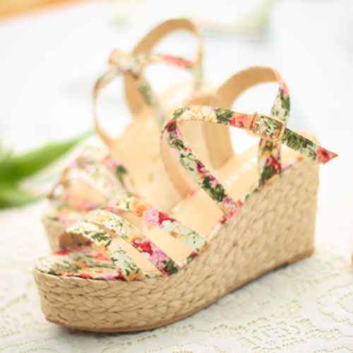 Boho Floral Print Braided Wedge Heel Platform Sandal [grzxy61900391]