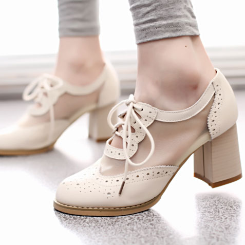 Cutout Mesh Block Heel Lace Up Oxford Shoes [grzxy61900394]
