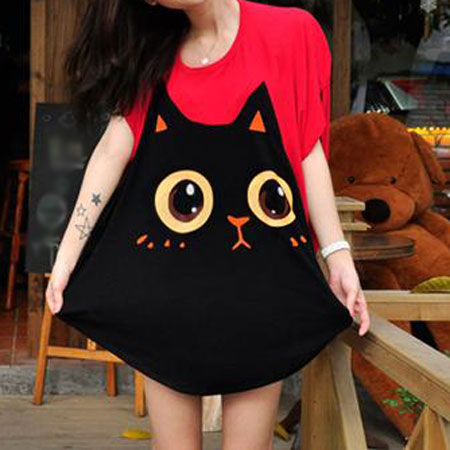 [grzxy6601713]lovely Cat Loose Fit Batwing Short Sleeve T Shirt