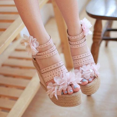 [grzxy61900404]sweet Flower Peep Toe High Wedge Heel Platform Sandal