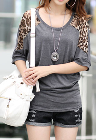 Leopard Print Batwing Sleeve Loose Fit T Shirt [grzxy6601749]