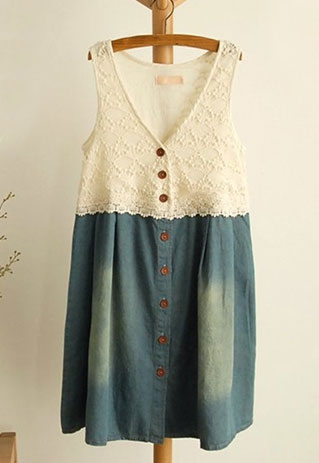 Buttoned Crochet Lace Tank Top Sleeveless Denim Dress [grzxy6601751]