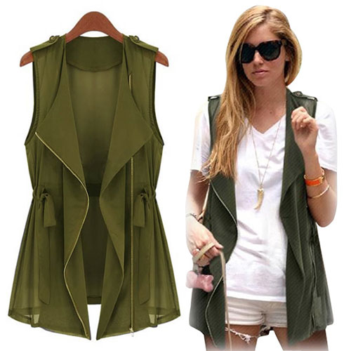 [grzxy6601757]army Green Zippered Loose Sleeveless Jacket Coat Vest
