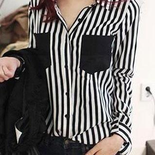 Black White Vertical Stripe Chiffon Shirt Blouse Top [grzxy6601139] on