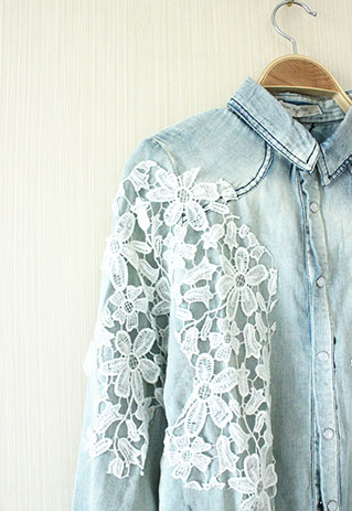 [grzxy6600085]retro Leisure Crochet Lace Spliced Frayed Denim T-shirt ...