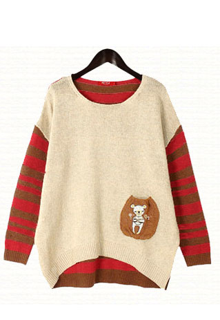 Elegant Cute Stripe Contrast Color Bear Patch Knit Sweater ...