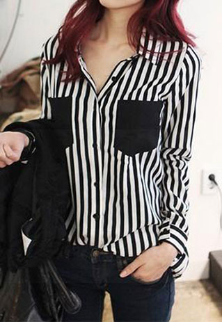 Black White Vertical Stripe Chiffon Shirt Blouse Top [grzxy6601139] on