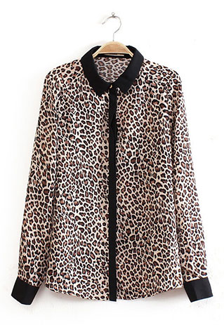 Sky Blue Stripe Ruffled Leopard Patchwork Long Sleeve Button Down Loose Shirt
