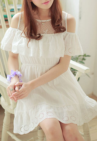 Eyelet Stretch Falbala Off Shoulder White Lace Dress [grzxy6601649] on ...